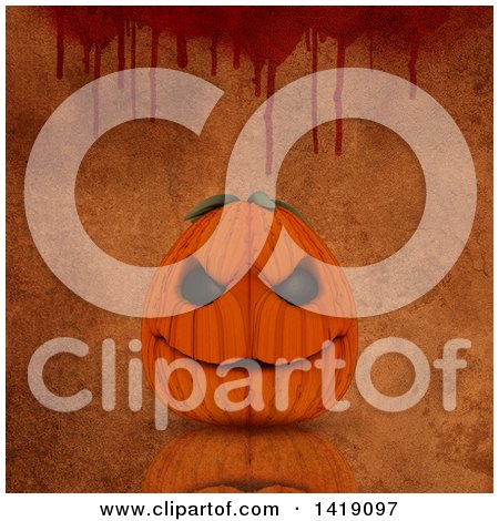 Clipart of a 3d Halloween Jackolantern Pumpkin over a Bloody Background - Royalty Free Illustration by KJ Pargeter