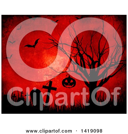 Clipart of Silhouetted Halloween Jackolantern Pumpkin Hanging from a Bare Tree in a Cemetery, on Red with Flying Bats - Royalty Free Illustration by KJ Pargeter