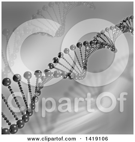 Clipart of a Background of 3d Diagonal Dna Strands in Grayscale - Royalty Free Illustration by KJ Pargeter