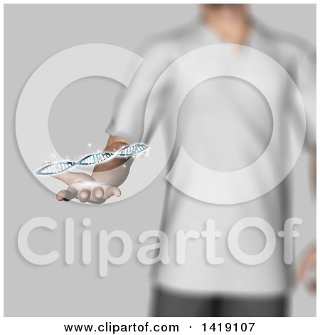 Clipart of a 3d Defocused Man Holding out a Dna Strand - Royalty Free Illustration by KJ Pargeter