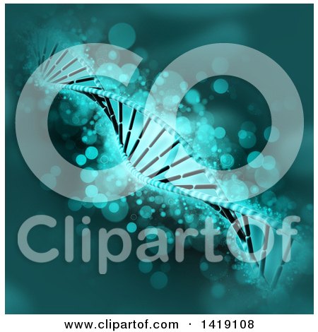 Clipart of a Background of a 3d Diagonal Dna Strand in Green with Magic Flares - Royalty Free Illustration by KJ Pargeter