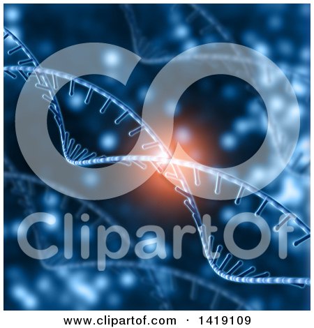 Clipart of a Background of 3d Diagonal Dna Strands in Blue with Magic Flares - Royalty Free Illustration by KJ Pargeter