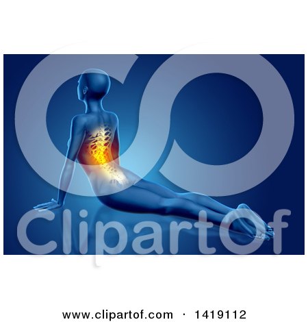 Clipart of a 3d Anatomical Woman Stretching on the Floor, with Visible Glowing Spine, on Blue - Royalty Free Illustration by KJ Pargeter