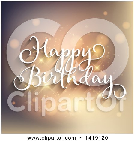 Clipart of a White Happy Birthday Greeting over Flares - Royalty Free Vector Illustration by KJ Pargeter