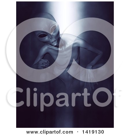 Clipart of a 3d Curious Alien Crouching in a Beam of Light - Royalty Free Illustration by KJ Pargeter