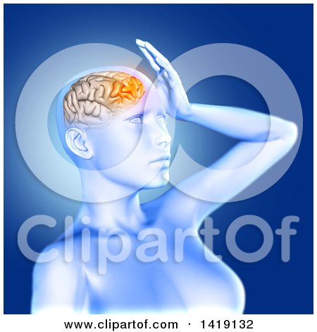 Clipart of a 3d Anatomical Woman with Visible Glowing Brain, over Blue - Royalty Free Illustration by KJ Pargeter