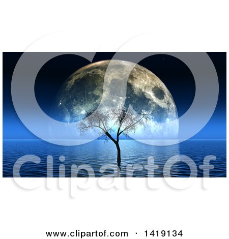 Clipart of a 3d Bare Tree in the Ocean Against a Moon - Royalty Free Illustration by KJ Pargeter