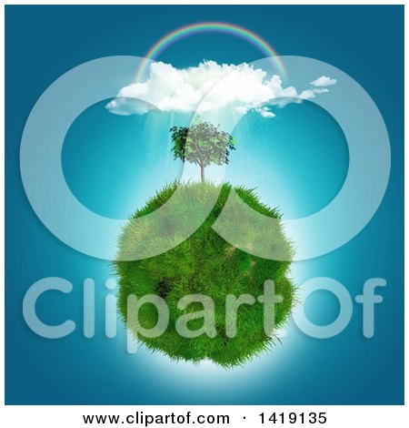 Clipart of a 3d Rainbow and Rain Cloud over a Tree on a Grassy Planet - Royalty Free Illustration by KJ Pargeter