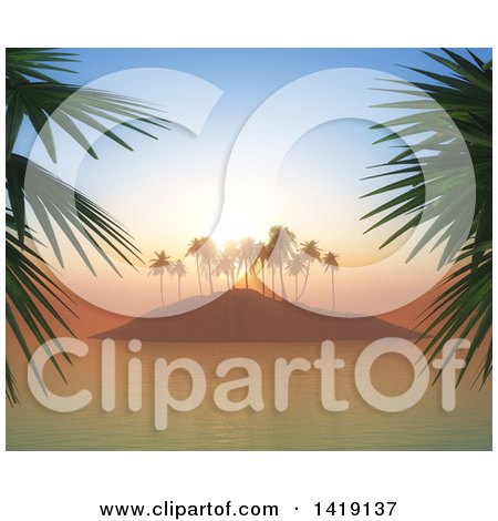 Clipart of a 3d Tropical Island with Palm Trees at Sunset - Royalty Free Illustration by KJ Pargeter