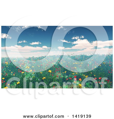Clipart of a 3d Landscape of a Poppy Field - Royalty Free Illustration by KJ Pargeter