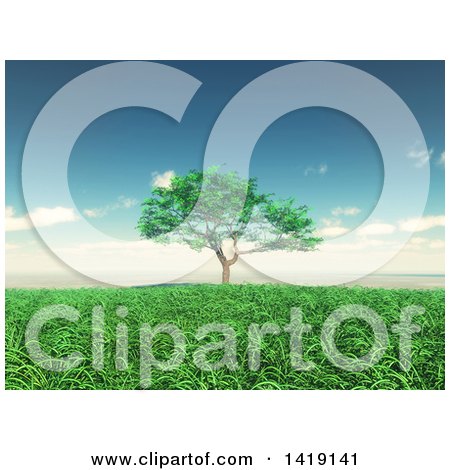 Clipart of a 3d Lone Tree in a Grassy Landscape on a Sunny Day - Royalty Free Illustration by KJ Pargeter