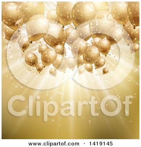 Clipart of a Background of Confetti, Flares and 3d Golden Party Balloons with Light - Royalty Free Vector Illustration by KJ Pargeter