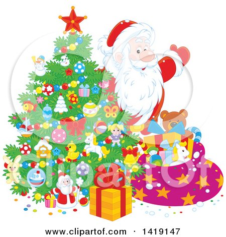 Clipart of Santa Putting Gifts Under a Christmas Tree - Royalty Free Vector Illustration by Alex Bannykh