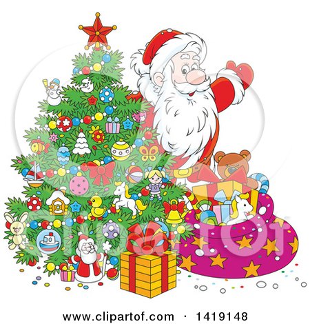 Clipart of a Cartoon Santa Claus Putting Gifts Under a Christmas Tree - Royalty Free Vector Illustration by Alex Bannykh