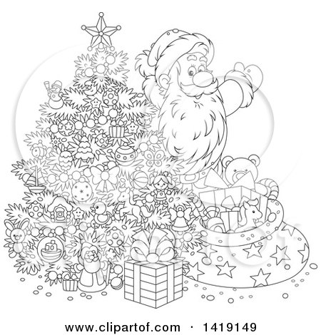 Clipart of a Cartoon Black and White Lineart Santa Claus Putting Gifts Under a Christmas Tree - Royalty Free Vector Illustration by Alex Bannykh