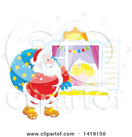 Clipart of a White Girl Sleeping on Christmas Eve While Santa Peeks in Her Window - Royalty Free Vector Illustration by Alex Bannykh