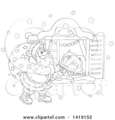 Clipart of a Black and White Lineart Girl Sleeping on Christmas Eve While Santa Peeks in Her Window - Royalty Free Vector Illustration by Alex Bannykh