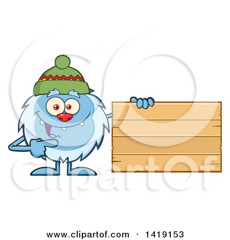 Clipart of a Cartoon Yeti Abominable Snowman Wearing a Winter Hat and Pointing to a Blank Wood Sign - Royalty Free Vector Illustration by Hit Toon