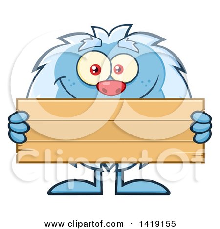Clipart of a Cartoon Yeti Abominable Snowman Holding a Blank Wood Sign - Royalty Free Vector Illustration by Hit Toon