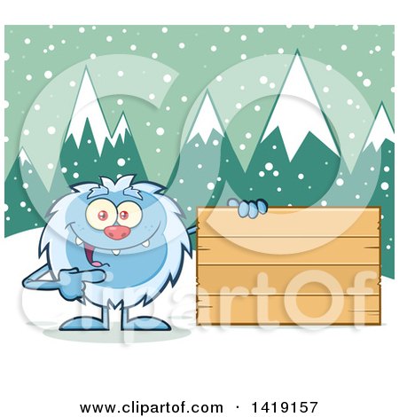 Clipart of a Cartoon Yeti Abominable Snowman Pointing to a Blank Wood Sign - Royalty Free Vector Illustration by Hit Toon
