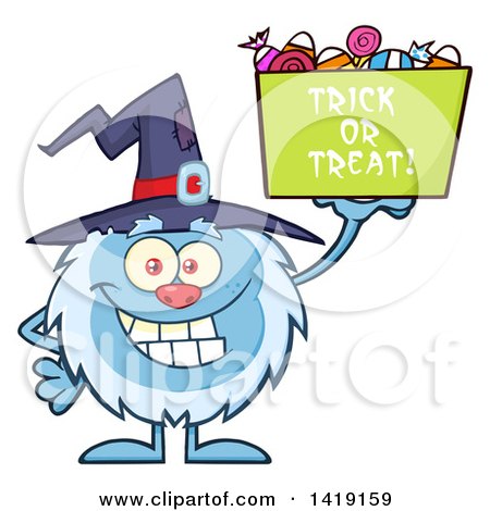 Clipart of a Cartoon Yeti Abominable Snowman Wearing a Witch Hat and Trick or Treating on Halloween - Royalty Free Vector Illustration by Hit Toon