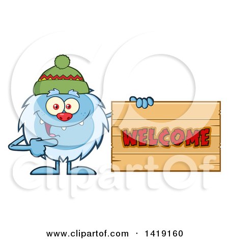 Clipart of a Cartoon Yeti Abominable Snowman Wearing a Hat and Pointing to a Welcome Sign - Royalty Free Vector Illustration by Hit Toon