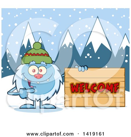 Clipart of a Cartoon Yeti Abominable Snowman Wearing a Hat and Pointing to a Welcome Sign - Royalty Free Vector Illustration by Hit Toon
