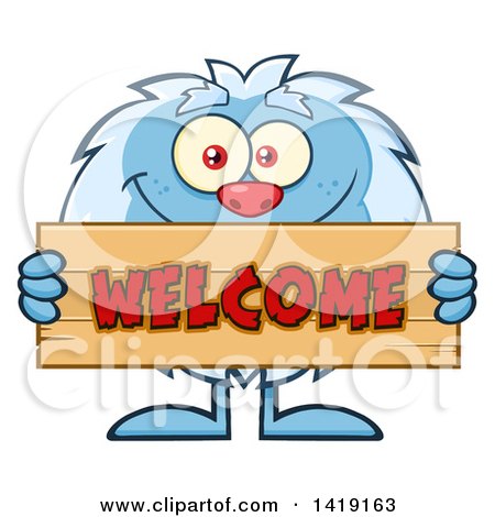 Clipart of a Cartoon Yeti Abominable Snowman Holding a Welcome Sign - Royalty Free Vector Illustration by Hit Toon