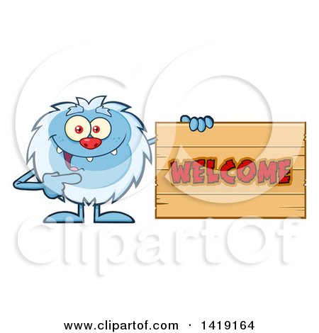 Clipart of a Cartoon Yeti Abominable Snowman Pointing to a Welcome Sign - Royalty Free Vector Illustration by Hit Toon
