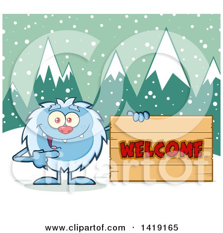 Clipart of a Cartoon Yeti Abominable Snowman Pointing to a Welcome Sign - Royalty Free Vector Illustration by Hit Toon
