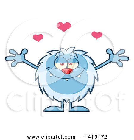 Clipart of a Cartoon Yeti Abominable Snowman with Open Arms Under Hearts - Royalty Free Vector Illustration by Hit Toon