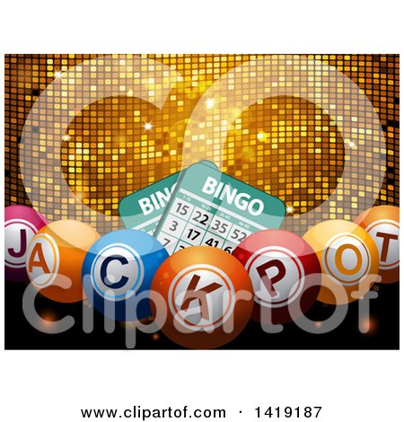 Clipart of 3d Bingo Cards and Jackpot Balls over a Gold Disco Texture - Royalty Free Vector Illustration by elaineitalia