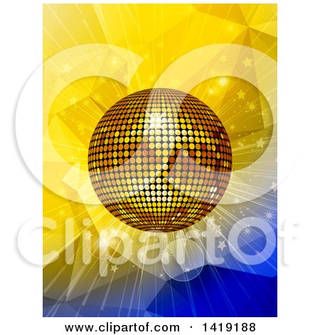 Clipart of a 3d Gold Disco Ball Shining over Yellow and Blue Geometric Designs - Royalty Free Vector Illustration by elaineitalia