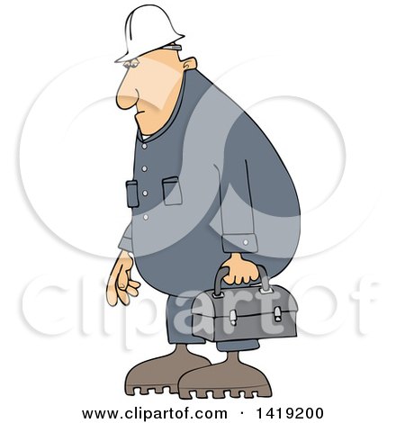 Clipart of a Cartoon Chubby Caucasian Male Worker Wearing Coveralls and Carrying a Lunch Box - Royalty Free Vector Illustration by djart