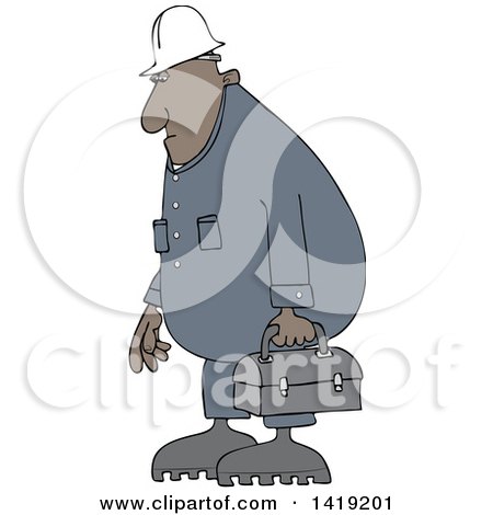 Clipart of a Cartoon Chubby African Male Worker Wearing Coveralls and Carrying a Lunch Box - Royalty Free Vector Illustration by djart