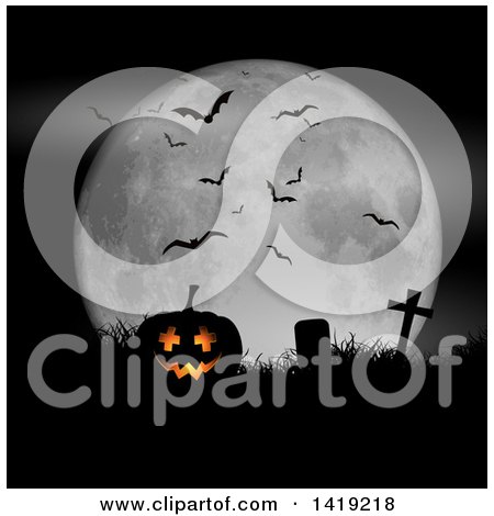 Clipart of a 3d Lit Halloween Jackolantern Pumpkin in a Grassy Cemetery Against a Full Moon with Bats - Royalty Free Vector Illustration by KJ Pargeter