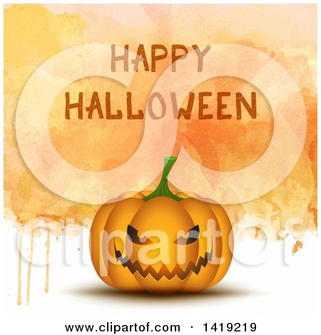 Clipart of a Happy Halloween Greeting over a 3d Jackolantern Pumpkin on Dripping Watercolor - Royalty Free Vector Illustration by KJ Pargeter