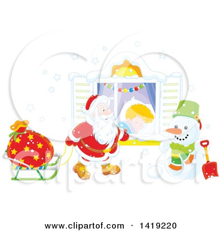 Clipart of a White Boy Sleeping on Christmas Eve While Santa Peeks in His Window - Royalty Free Vector Illustration by Alex Bannykh