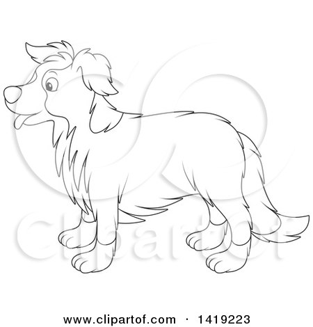 Clipart of a Black and White Lineart Border Collie Dog in Profile - Royalty Free Vector Illustration by Alex Bannykh
