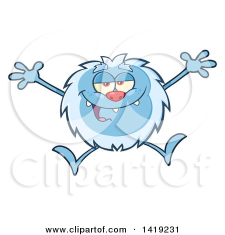 Clipart of a Cartoon Yeti Abominable Snowman Jumping - Royalty Free Vector Illustration by Hit Toon