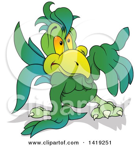 Clipart of a Cartoon Green Parrot Shrugging or Presenting - Royalty Free Vector Illustration by dero