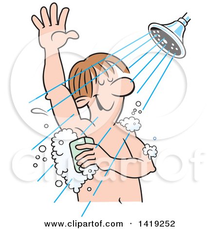 Clipart of a Cartoon Relaxed Caucasian Man Sudsing up in the Shower - Royalty Free Vector Illustration by Johnny Sajem