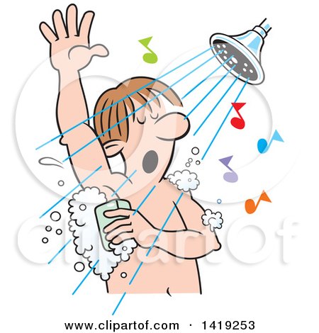 Clipart of a Cartoon Caucasian Man Singing and Sudsing up in the Shower - Royalty Free Vector Illustration by Johnny Sajem