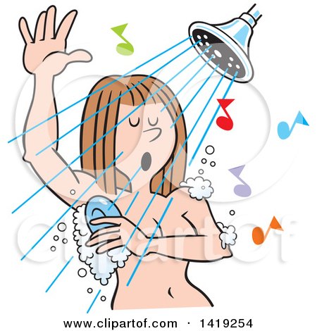 Clipart of a Cartoon Caucasian Woman Singing and Sudsing up in the Shower - Royalty Free Vector Illustration by Johnny Sajem