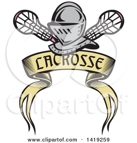 Clipart of a Retro Knight Helmet over Crossed Lacrosse Sticks and a Woodcut Banner - Royalty Free Vector Illustration by patrimonio