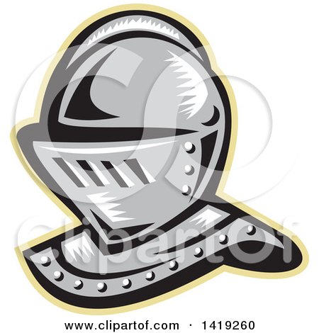 Clipart of a Retro Woodcut Knight Helmet Outlined in Tan - Royalty Free Vector Illustration by patrimonio