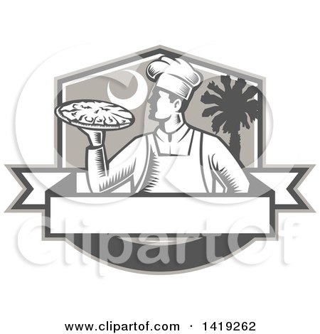 Clipart of a Retro Woodcut Male Chef Holding a Pizza Pie in a Shield with a Moon and Palmetto Tree - Royalty Free Vector Illustration by patrimonio