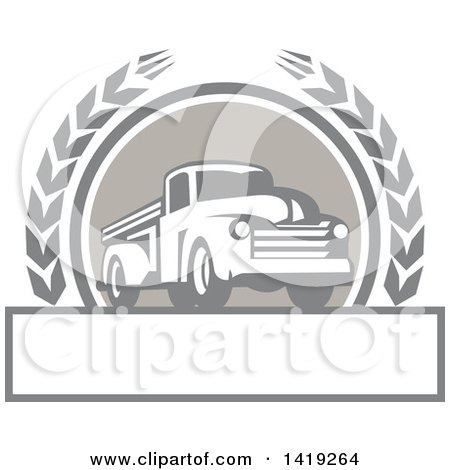 Clipart of a Retro Vintage Pickup Truck in a Wheat Wreath over a Text Box - Royalty Free Vector Illustration by patrimonio
