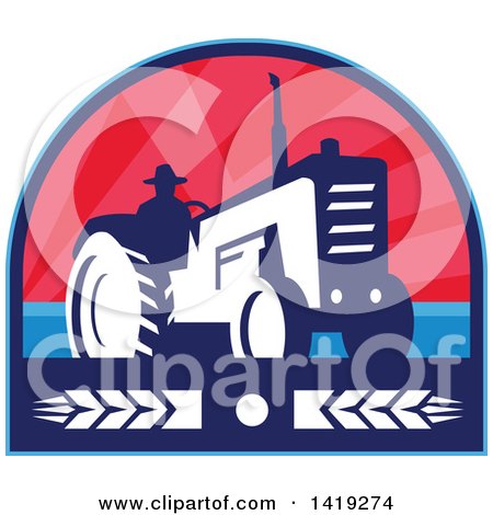 Clipart of a Retro Silhouetted Organic Farmer Operating a Tractor in a Crest Design with Wheat - Royalty Free Vector Illustration by patrimonio
