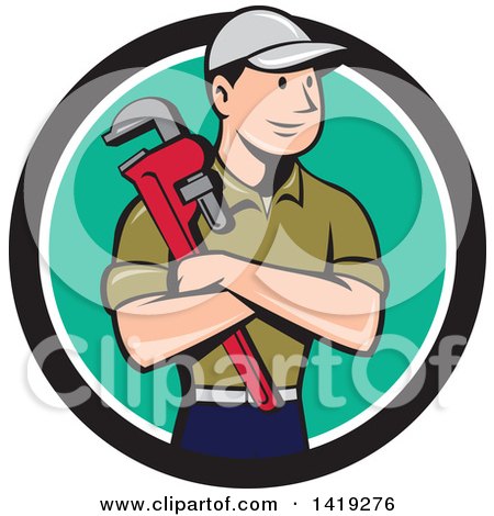 Clipart of a Retro Cartoon White Male Plumber or Handy Man Holding a Monkey Wrench in Folded Arms, Inside a Black White and Turquoise Circle - Royalty Free Vector Illustration by patrimonio